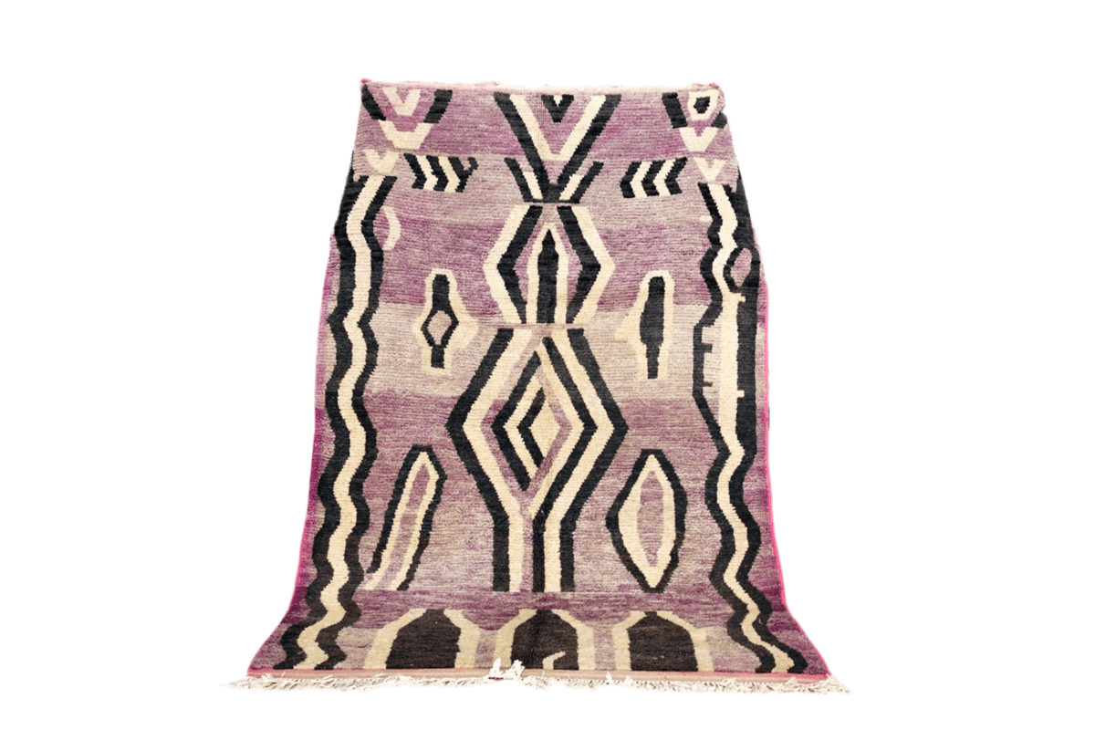 Purple black abstract moroccan Boujaad rug standing