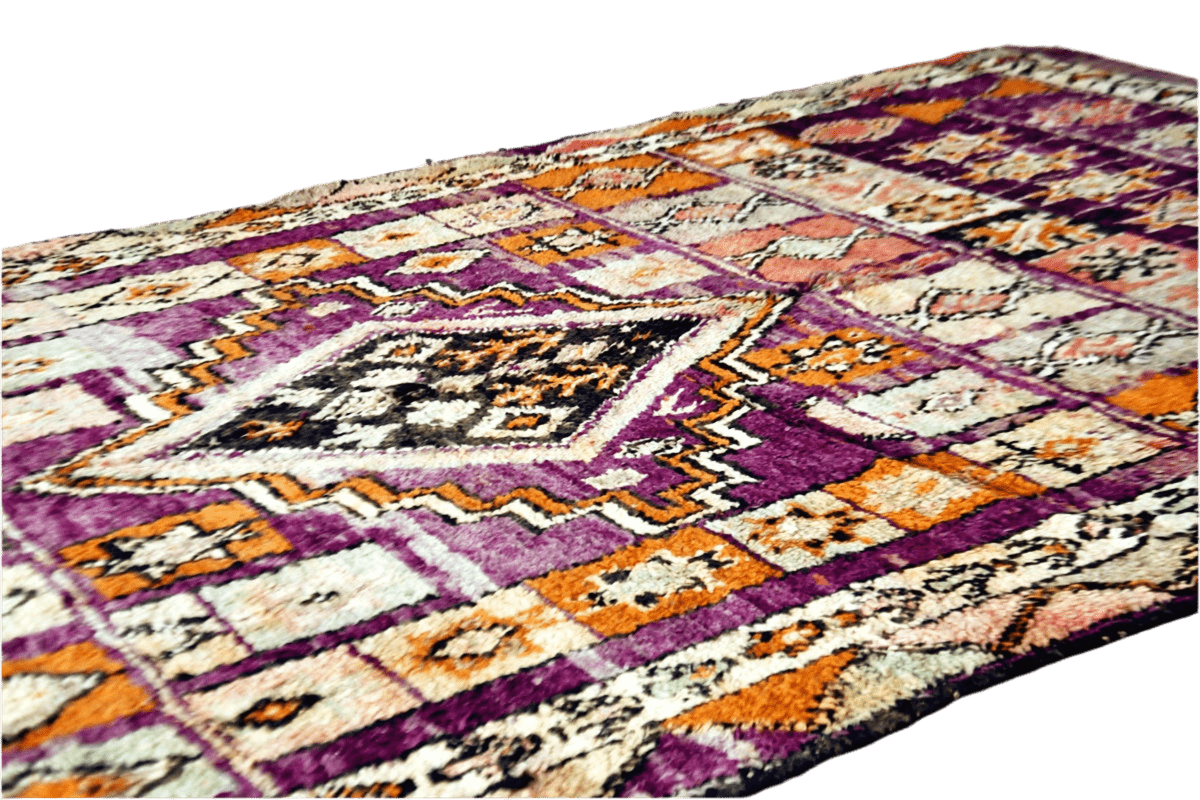 Purple orange epic vintage moroccan boujaad rug side shot