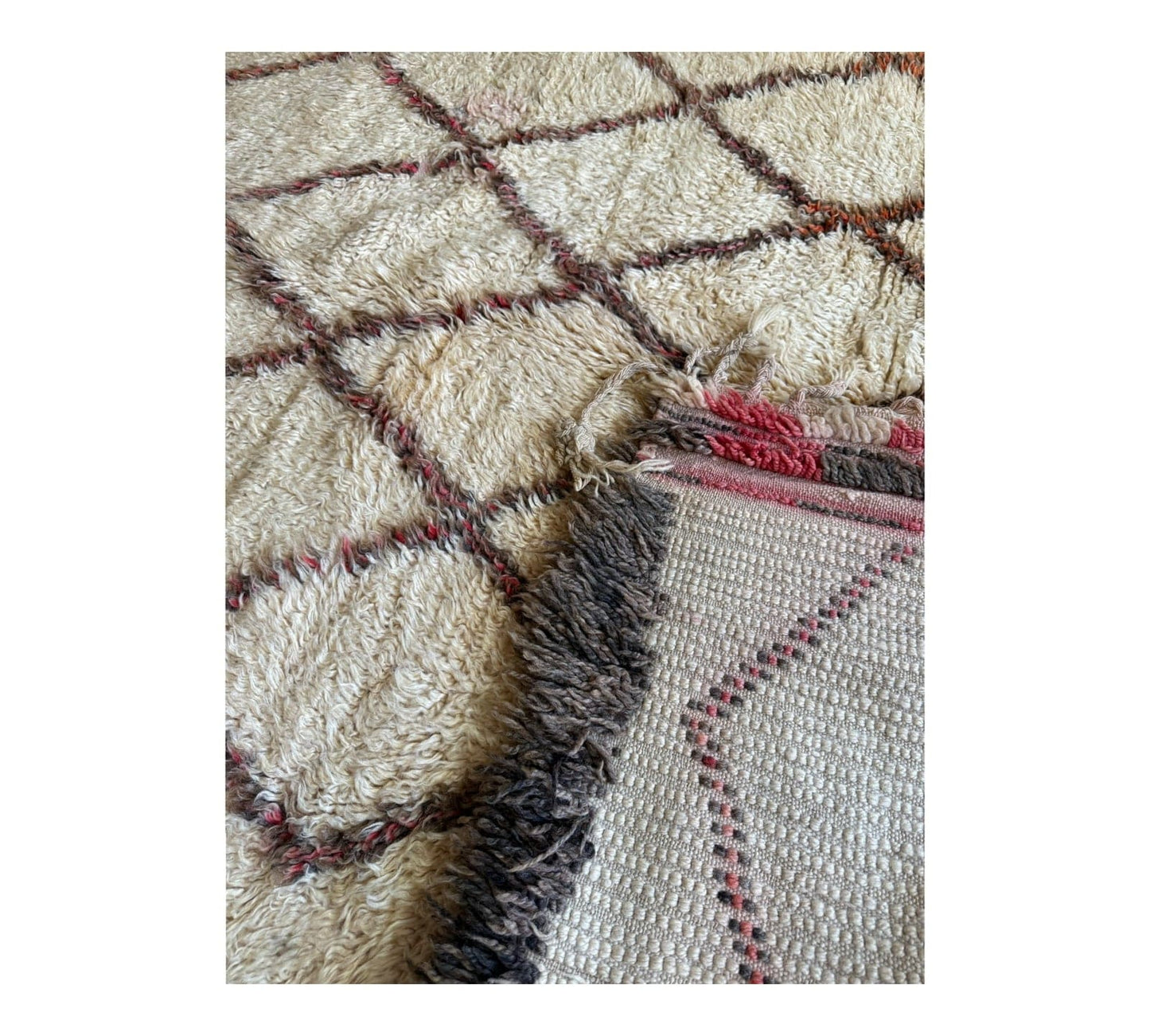 Red & Black diamonds white vintage beni ourain rug back