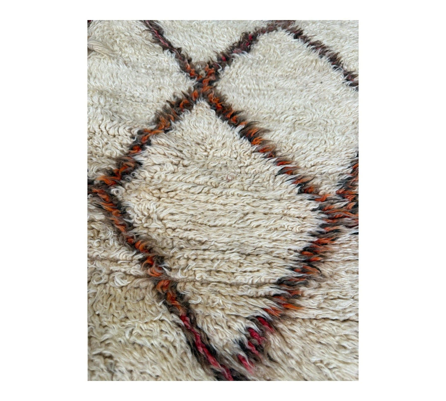 Red & Black diamonds white vintage beni ourain rug close up 2