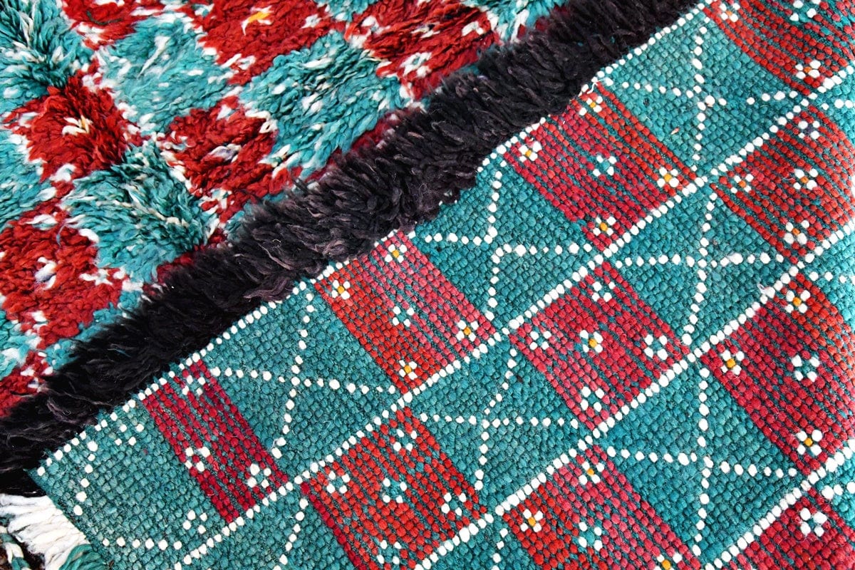 Red Green Moroccan marmoucha checker vintage rug back