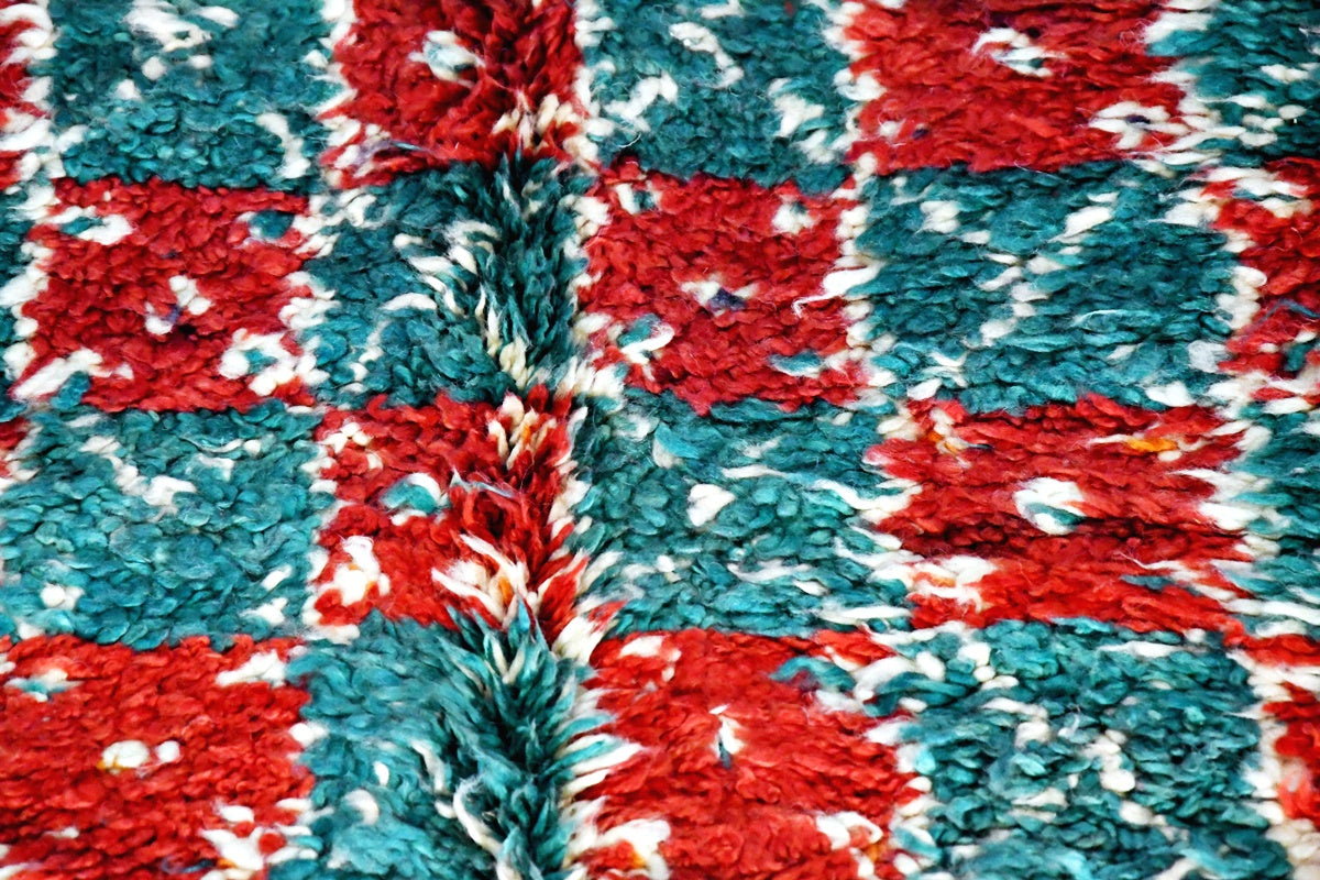 Red Green Moroccan marmoucha checker vintage rug close up