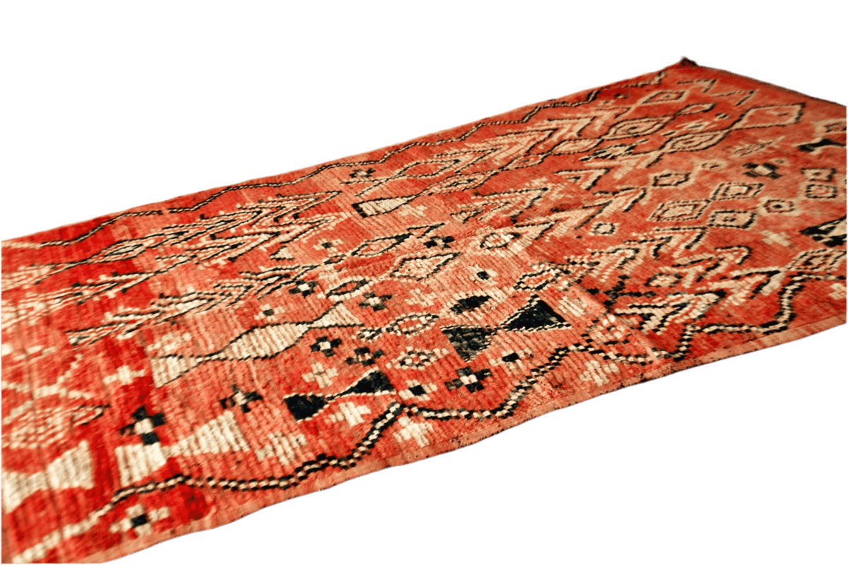 Red abstract vintage boujaad rug Moroccan morocco side shots