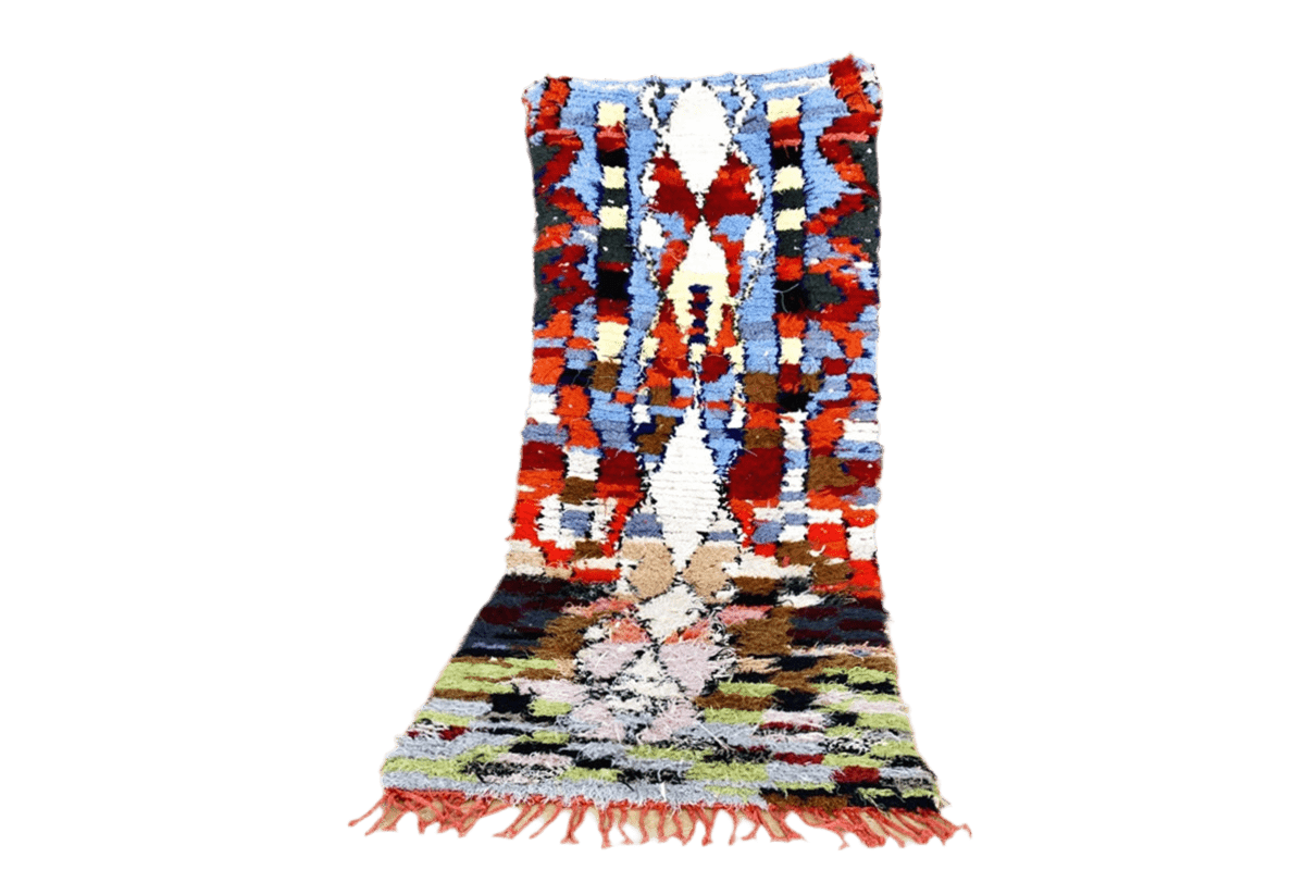 Red blue boucherouite rag rug morocco standing