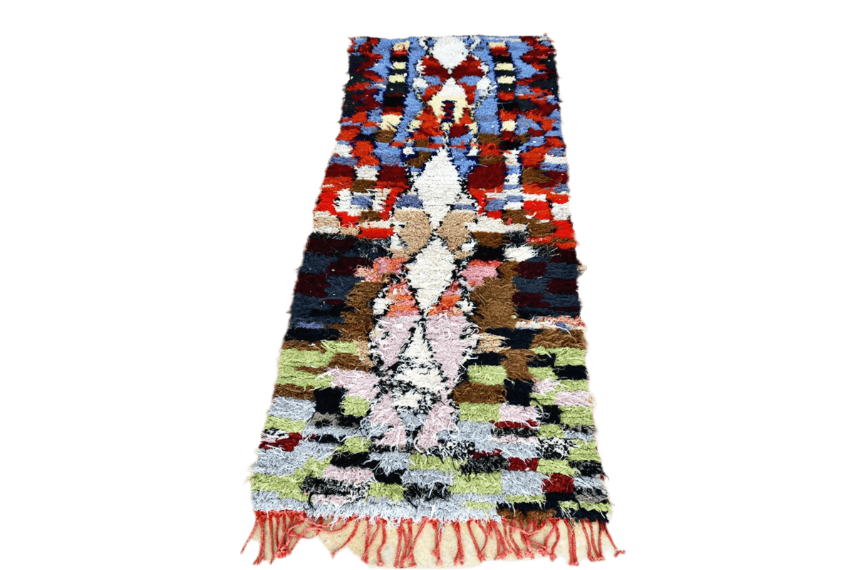 Red blue boucherouite rag rug morocco tassels c