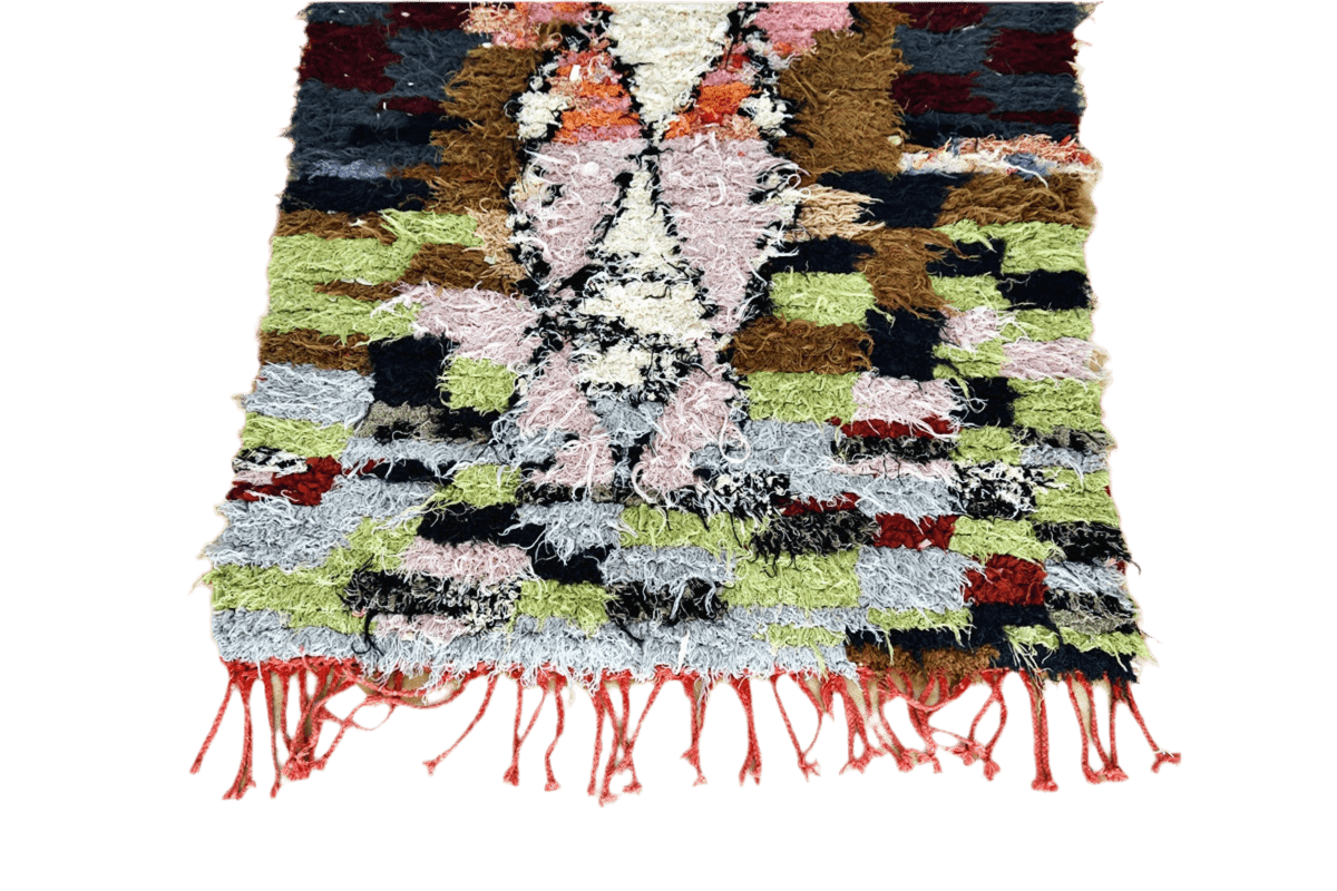 Red blue boucherouite rag rug morocco tassels