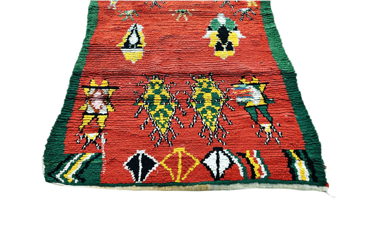 Red green yello abstract Moroccan boucherouite rag rug