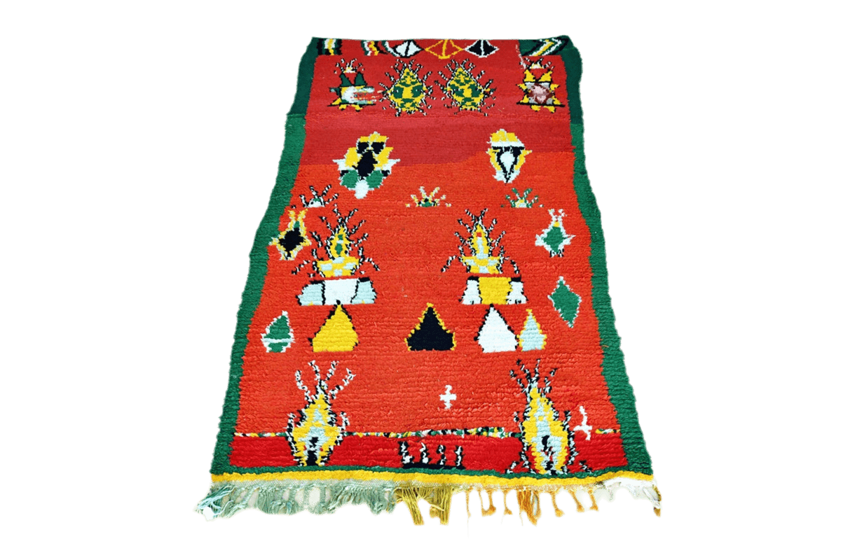 Red green yello abstract Moroccan boucherouite rag rug full