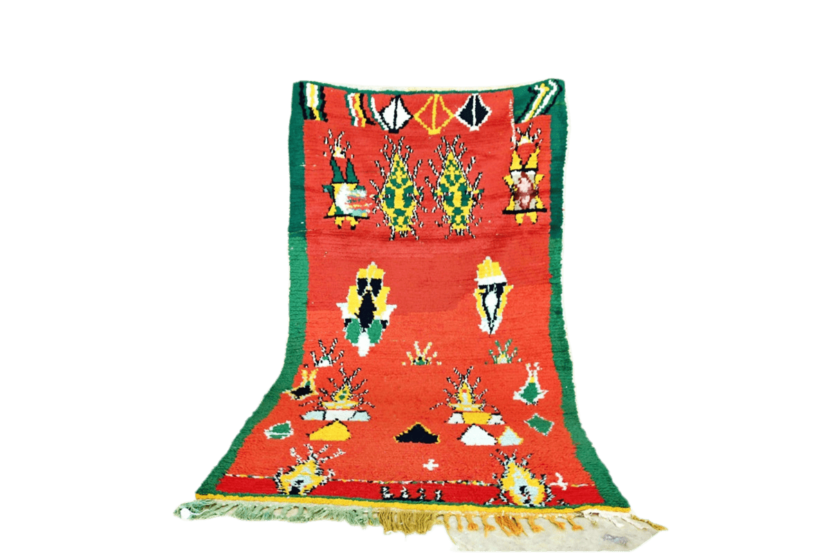Red green yello abstract Moroccan boucherouite rag rug standing