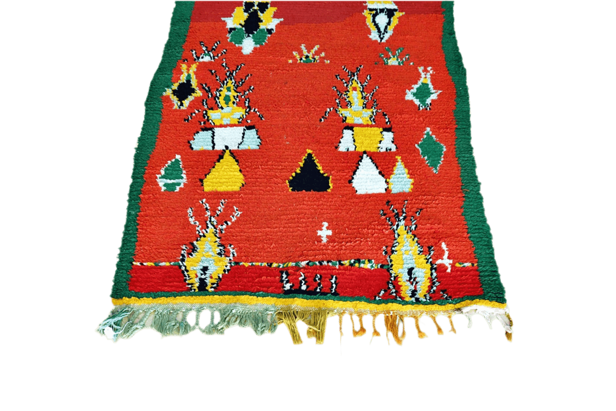 Red green yello abstract Moroccan boucherouite rag rug tassels