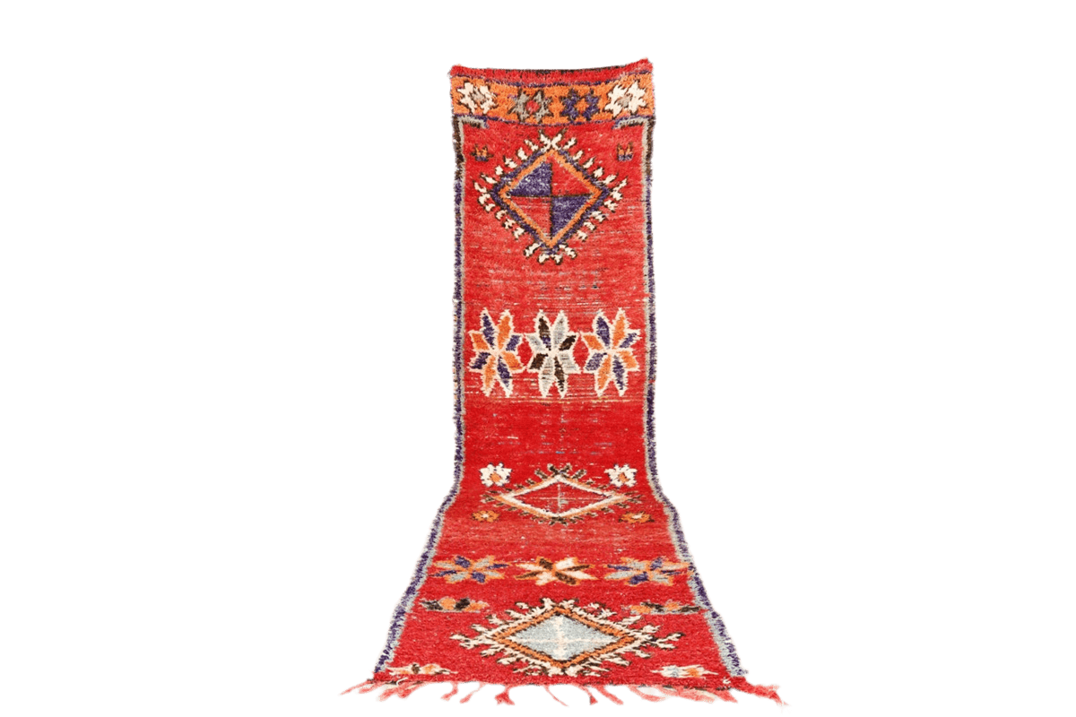 Red moroccan vintage boujaad runner rug carpet standing