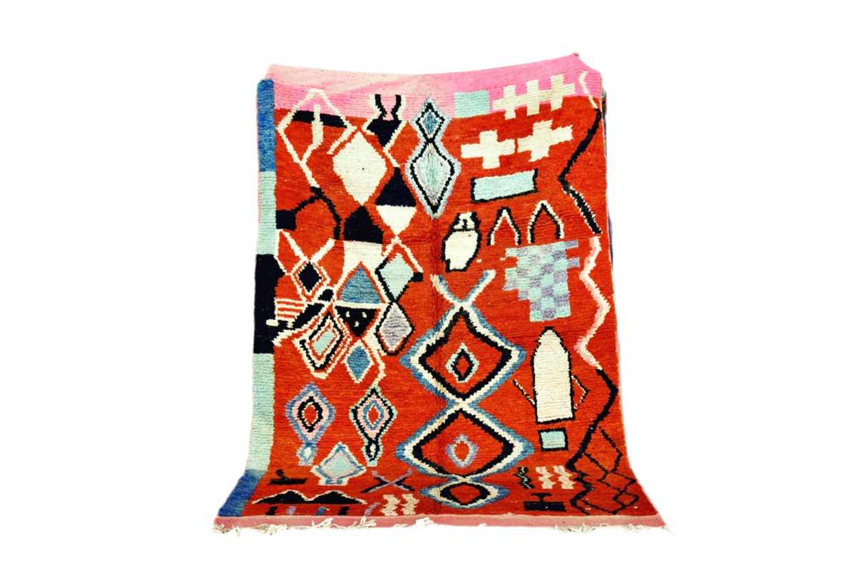 Red white black moroccan boujaad rug standing