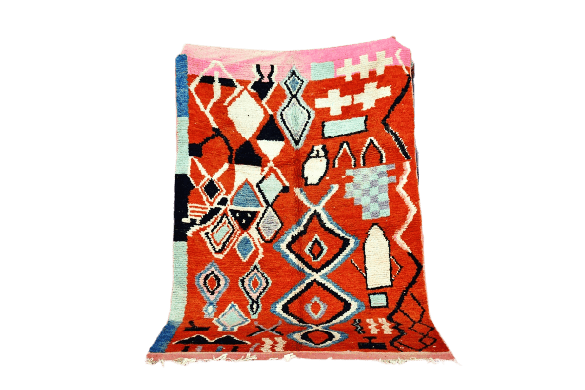Red white black moroccan boujaad rug standing