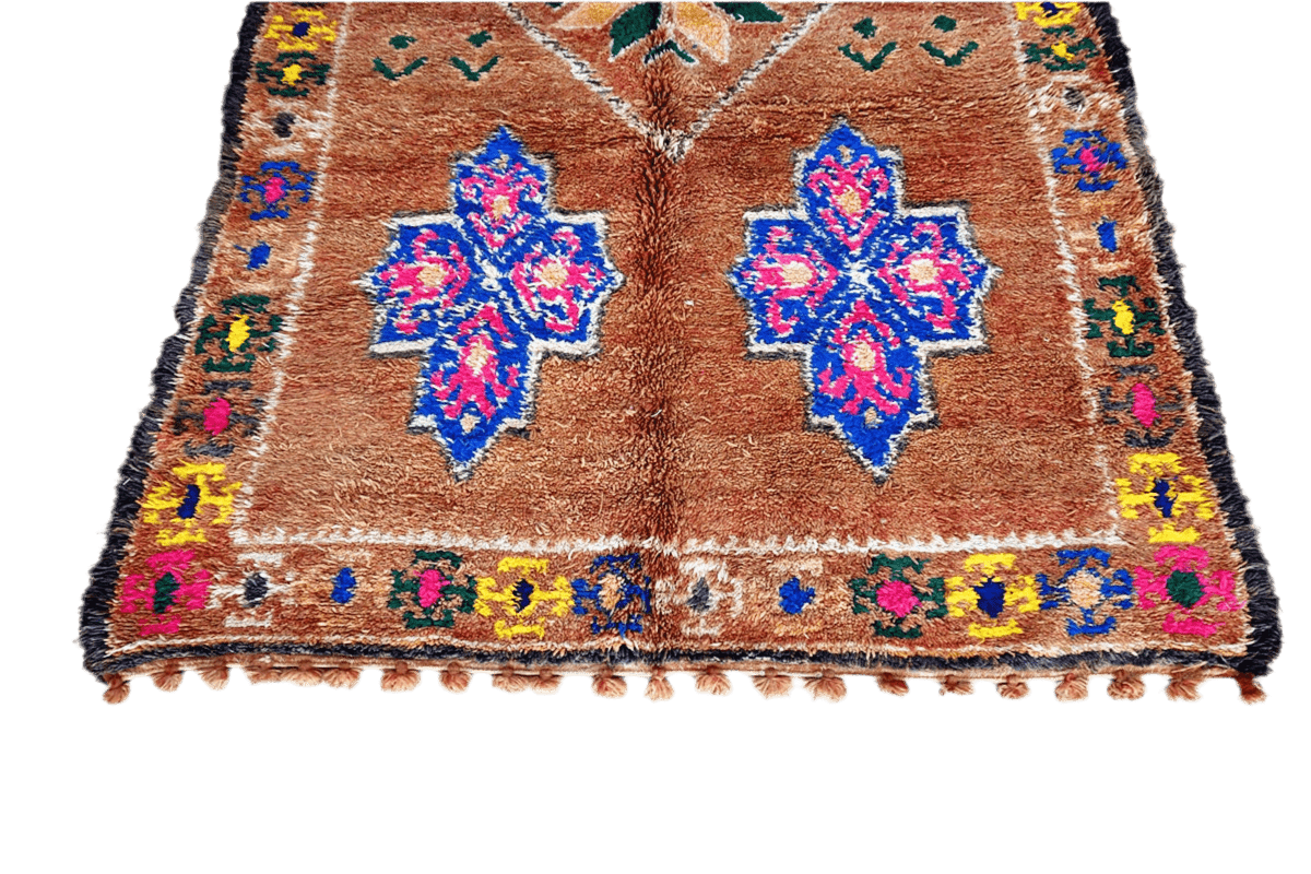 Rust blue pink Marmoucha vintage moroccan rug tassels