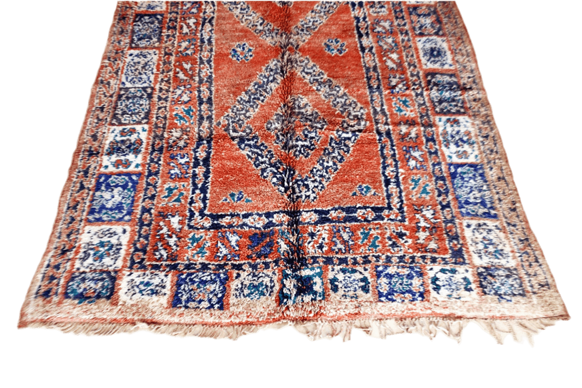 Rust blue vintage boujaad rug morocco bottom fringe
