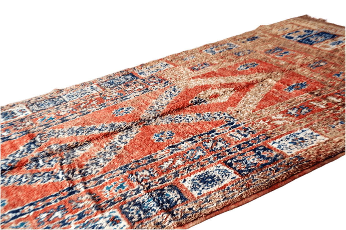 Rust blue vintage boujaad rug morocco side shot