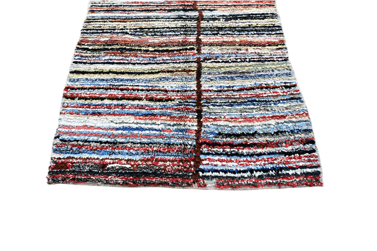 Striped Moroccan Boucherouite rug blue red white black