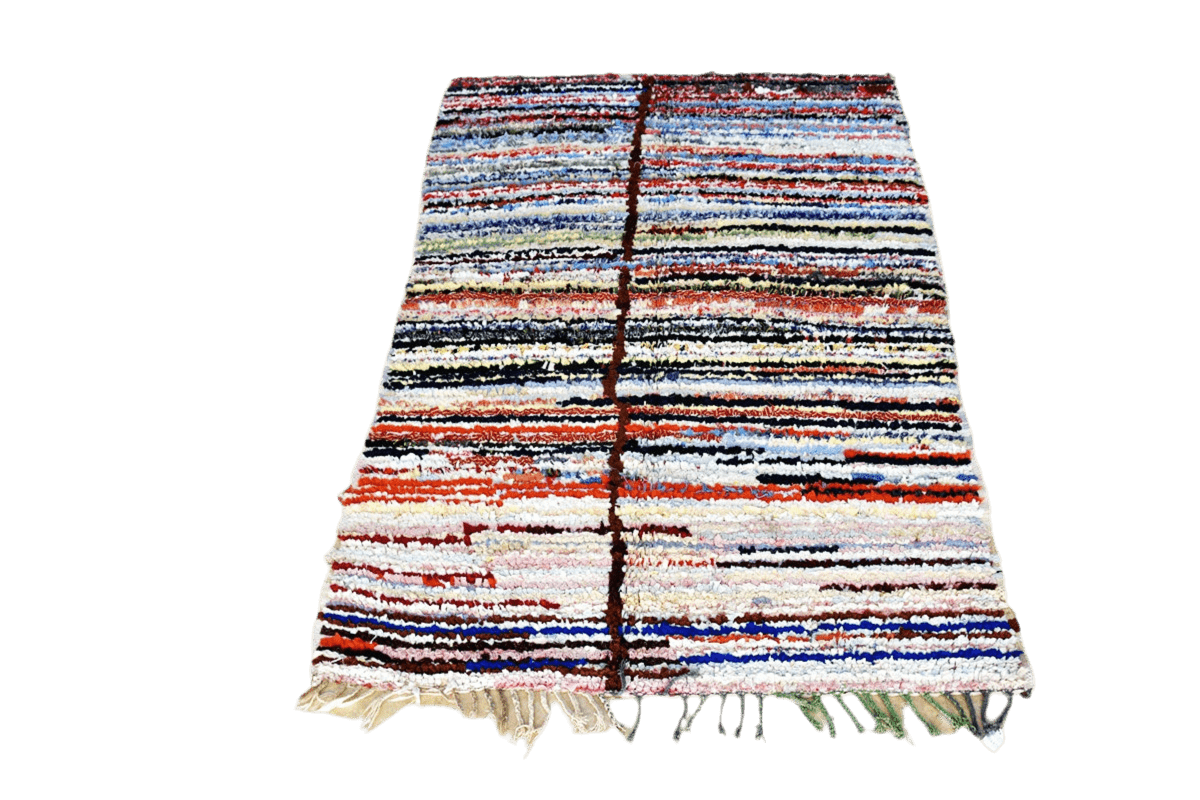 Striped Moroccan Boucherouite rug blue red white black full