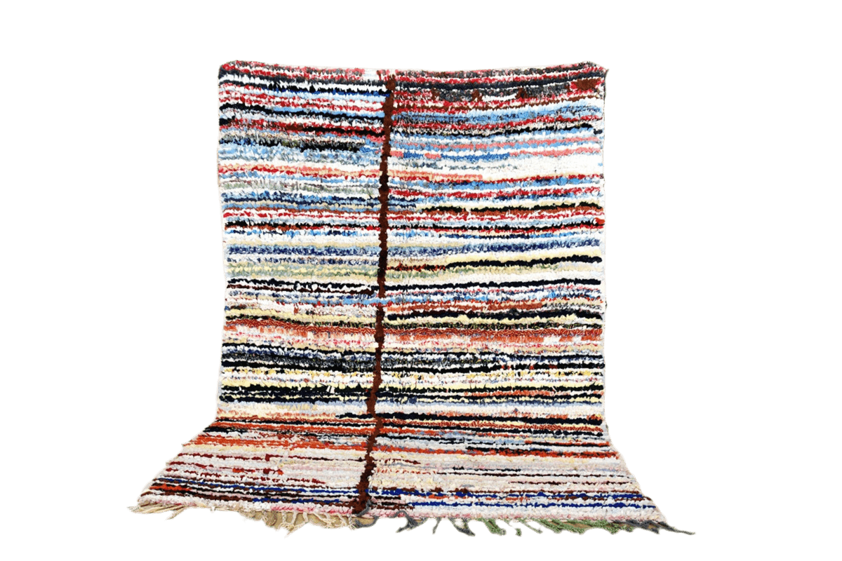 Striped Moroccan Boucherouite rug blue red white black standing
