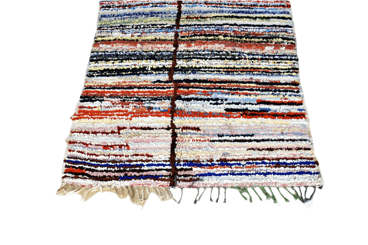 Striped Moroccan Boucherouite rug blue red white black tassels
