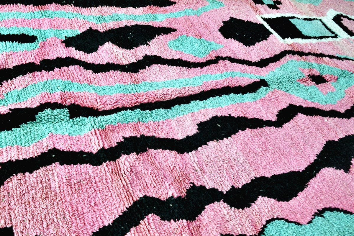 Pink green black abstract moroccan boujaad rug side shot