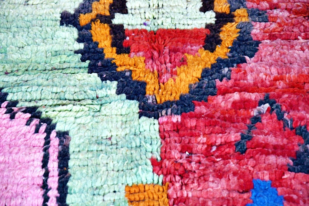 Green red rectangle Moroccan boujaad rug close up