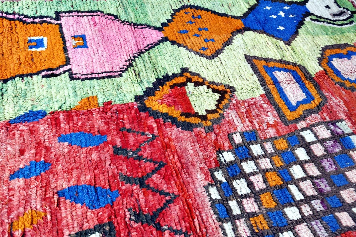 Green red rectangle Moroccan boujaad rug side shot