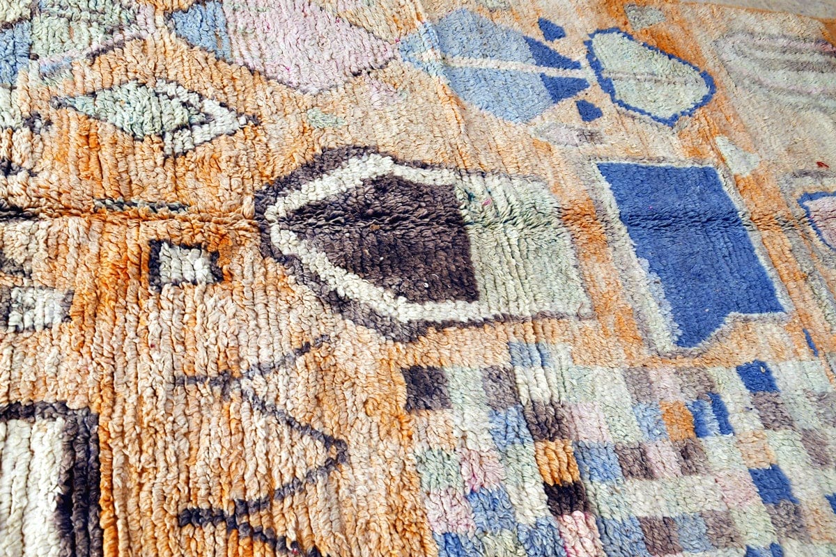 Moroccan boujaad rug orange blue 5 x 8 ft side shot