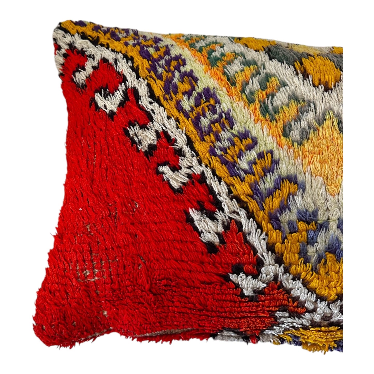 Vibrant red yellow boucherouite moroccan wool pillow boho side