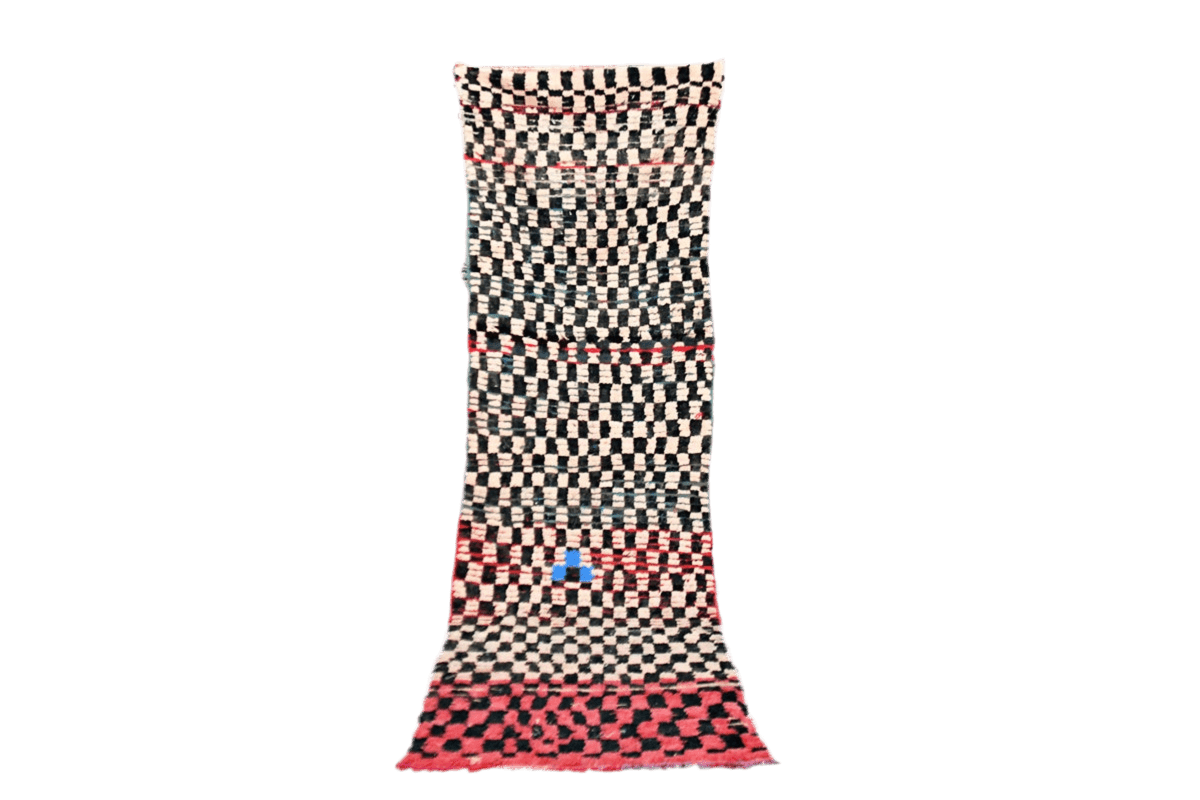 Vintage moroccan runner checker rug peach black red