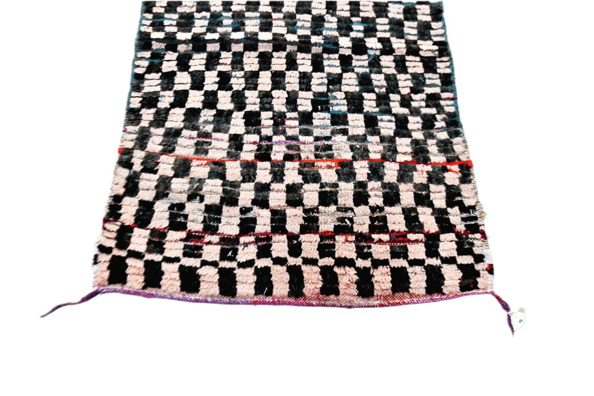 Vintage moroccan runner checker rug peach black red bottom