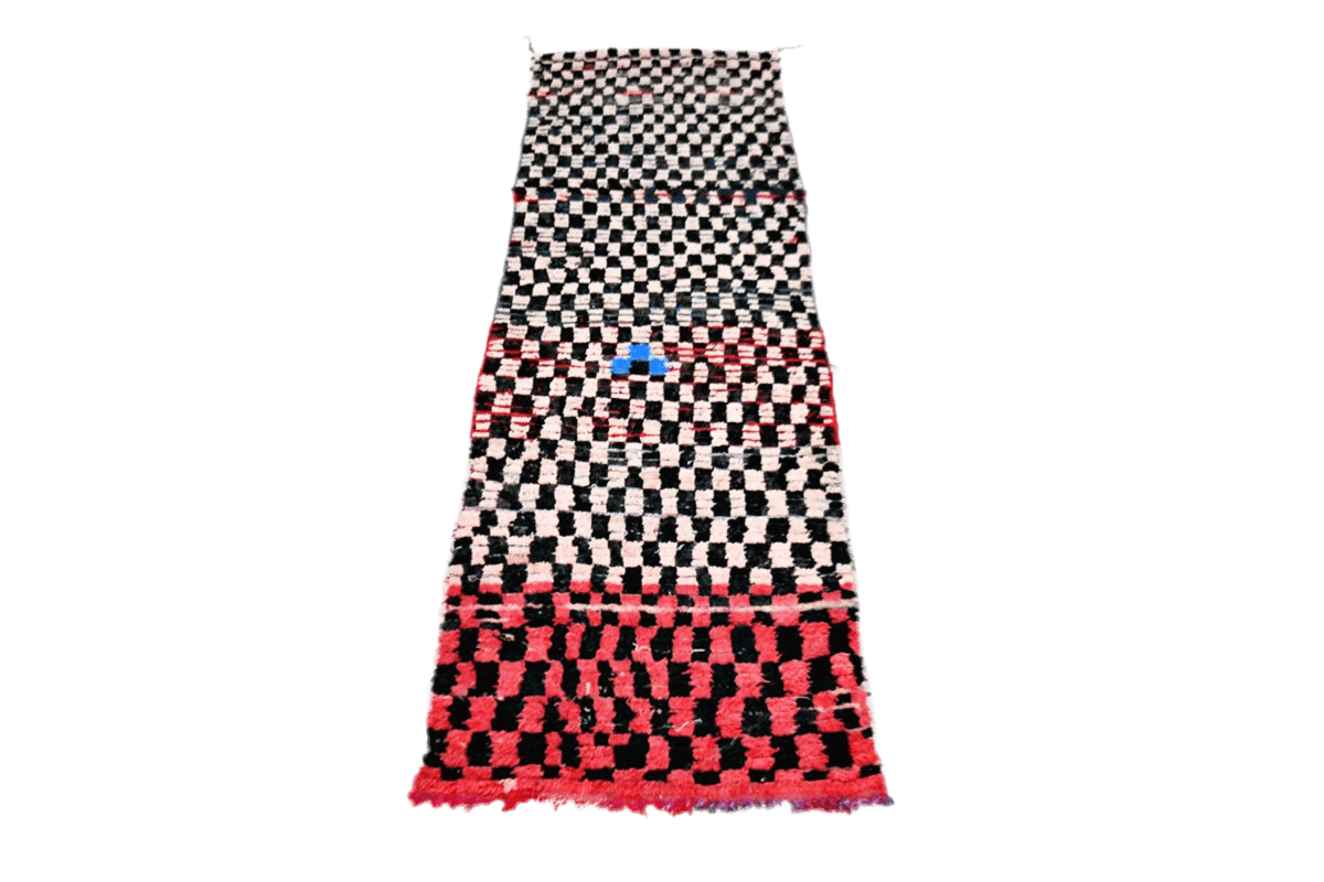 Vintage moroccan runner checker rug peach black red front