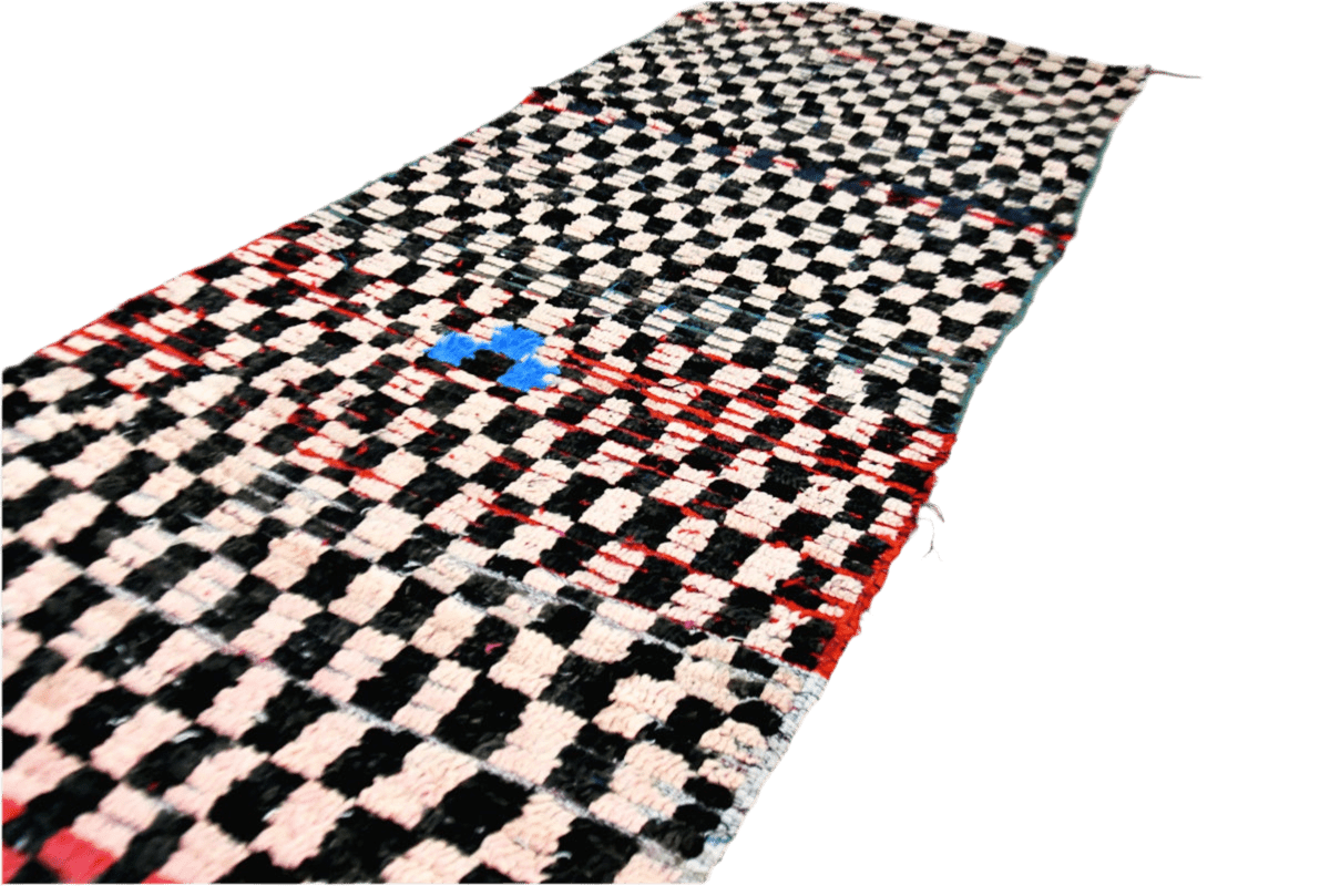 Vintage moroccan runner checker rug peach black red side