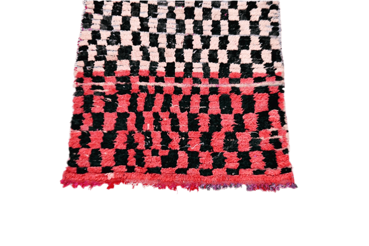 Vintage moroccan runner checker rug peach black red top