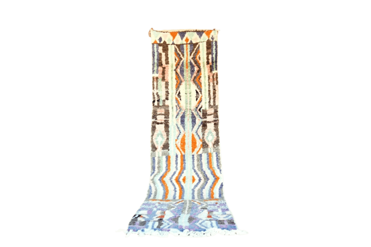 purple orange white moroccan runner rug boujaad standing