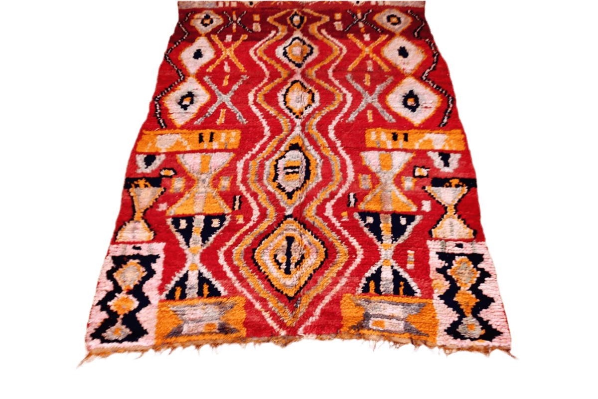 red abstract vintage boujaad rug morocco yellow bottom tassels