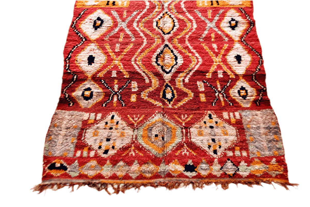red abstract vintage boujaad rug morocco yellow bottom tassels