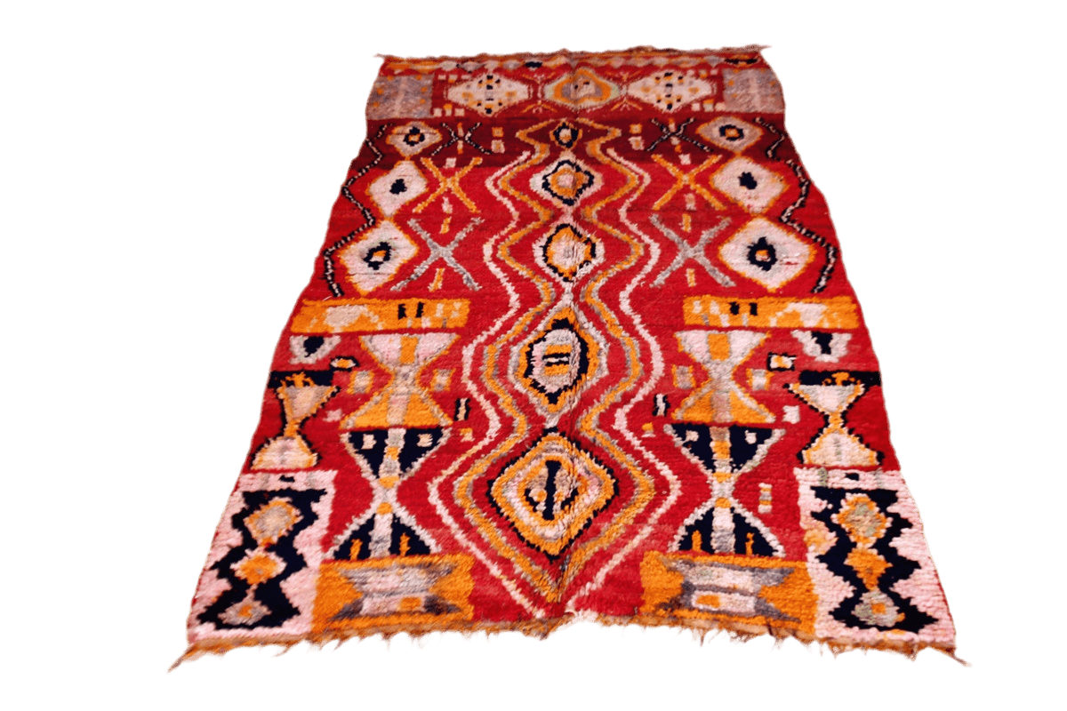 red abstract vintage boujaad rug morocco yellow front
