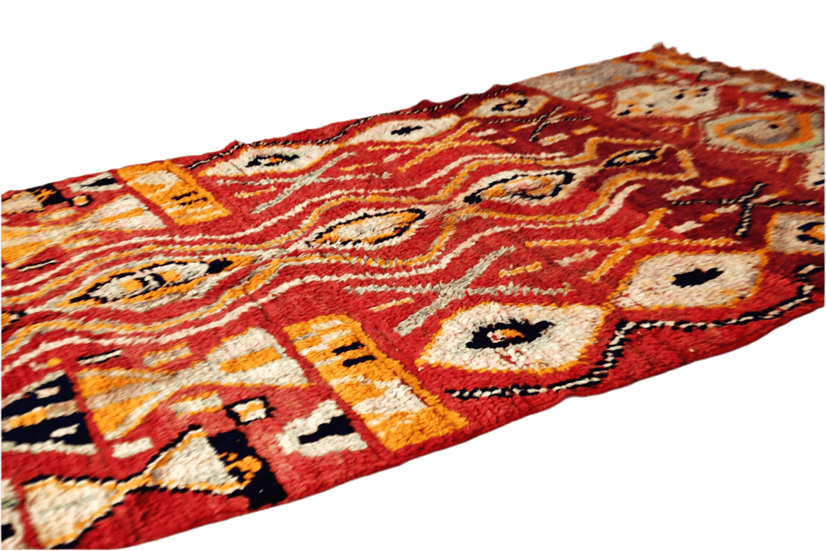 red abstract vintage boujaad rug morocco yellow side shot