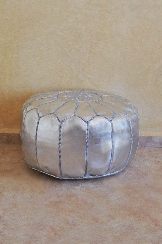 Silver moroccan round leather pouf ottoman labboho the boho lab