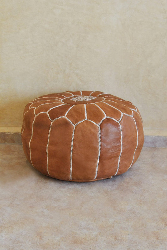 Tan leather circle pouf ottomans round embroidery