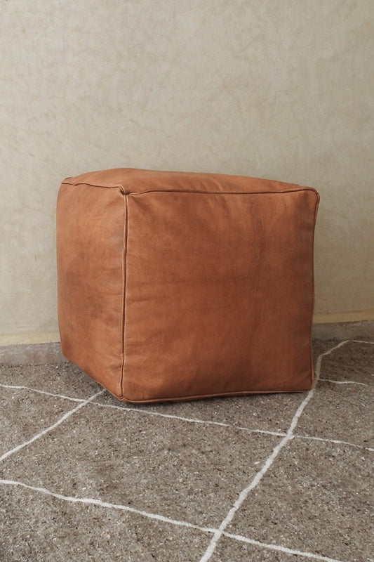 Tan leather square pouf ottomans round embroidery