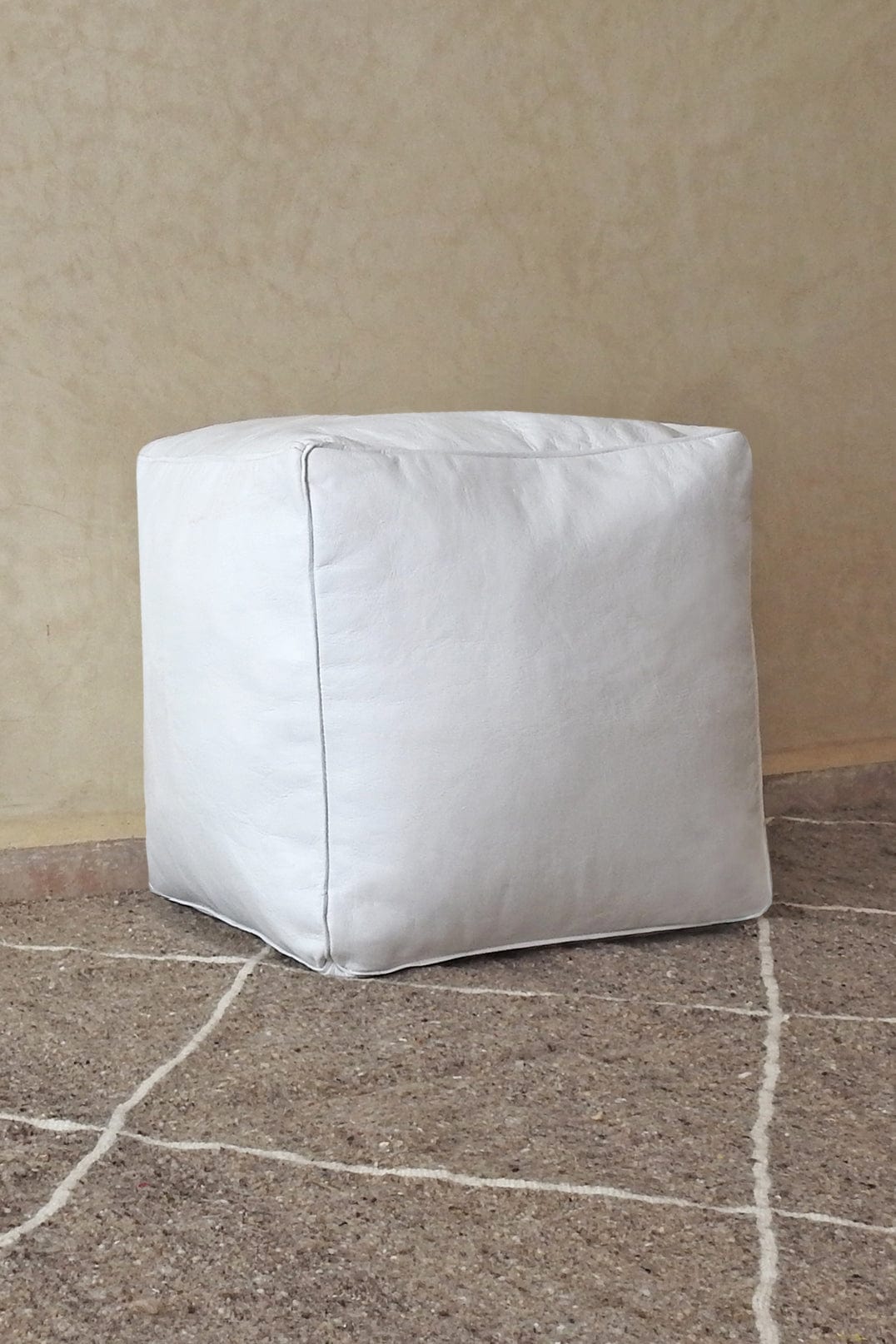 White leather square pouf ottomans round embroidery