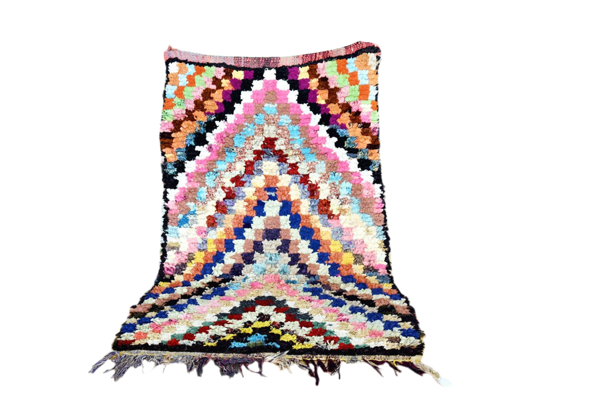 Arrow square pink purple blue Moroccan rag rug boucherouite standing