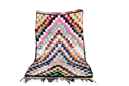 Arrow square pink purple blue Moroccan rag rug boucherouite standing