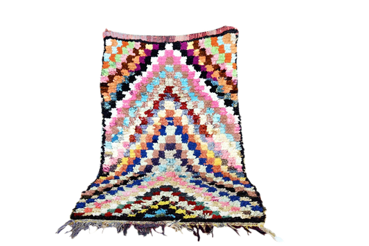 Arrow square pink purple blue Moroccan rag rug boucherouite standing