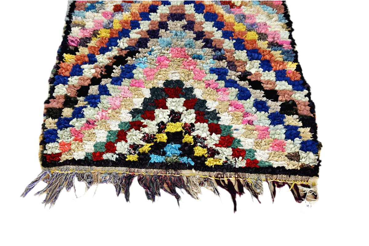 Arrow square pink purple blue Moroccan rag rug boucherouite tassels