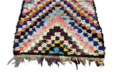 Arrow square pink purple blue Moroccan rag rug boucherouite tassels