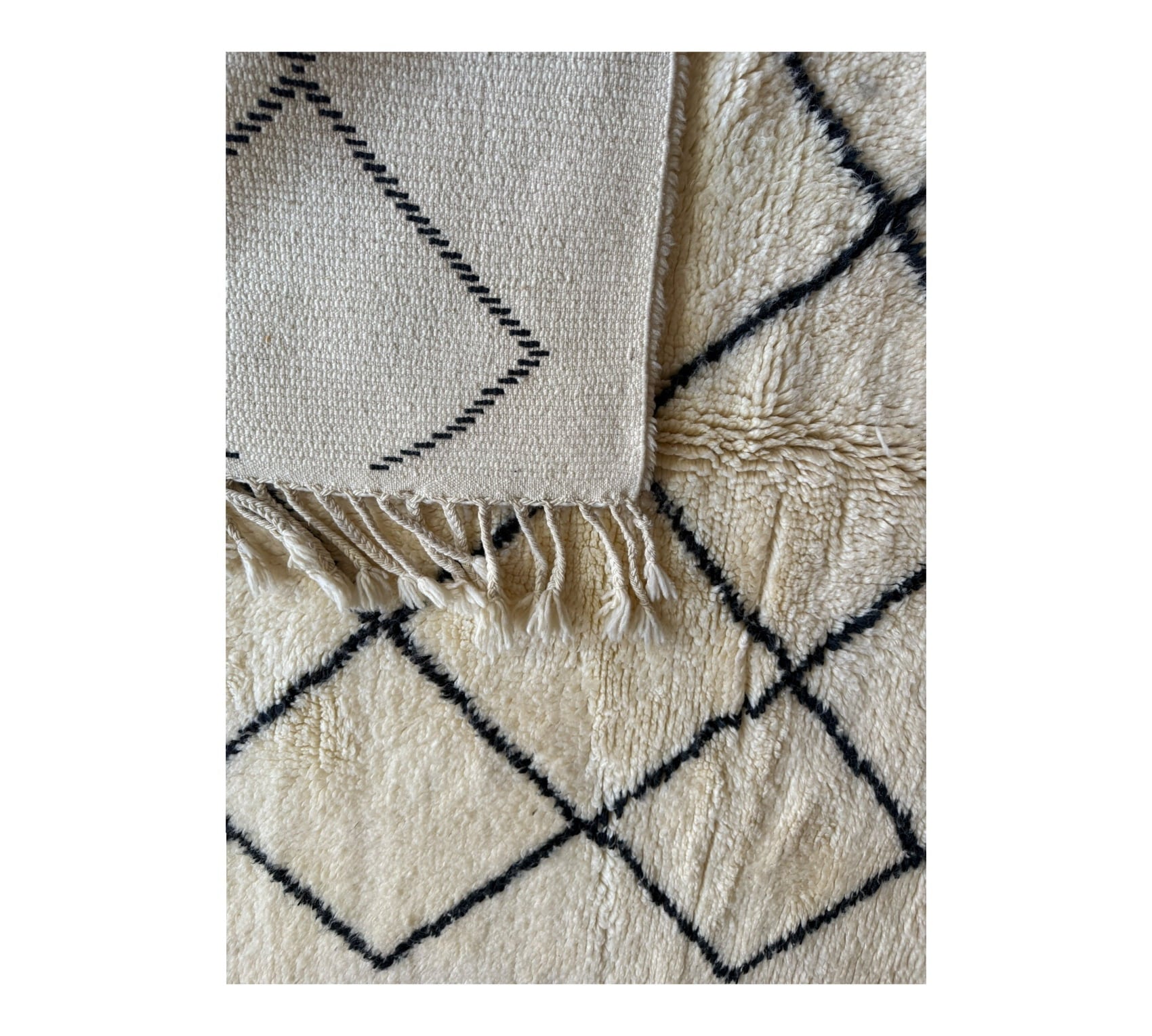 Black and white  diamonds Beni Ourain rug top plush pile back