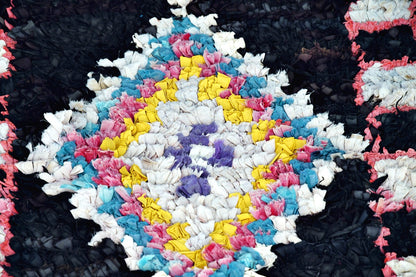 Black blue pink vintage boucherouite rug close